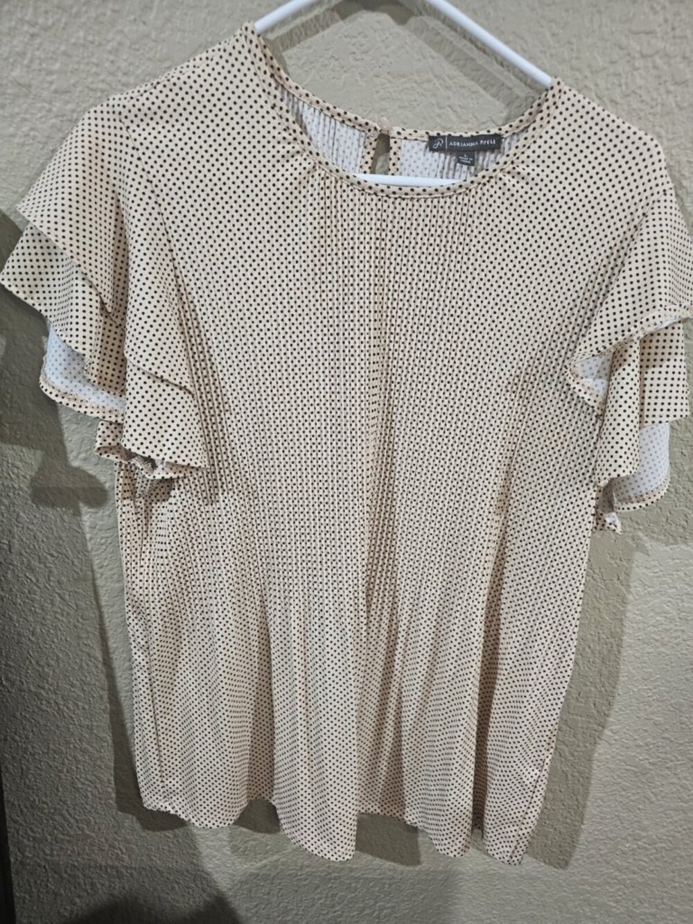 Adrianna Papell Blush Pink Polka Dot Blouse Shirt Ruffle Sleeve Women's Large